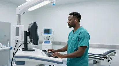 Clinician working at a diagnostic console in a procedure room